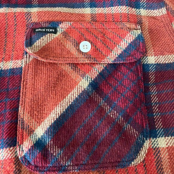 Brixton Bowery Standard Fit Mens Burgundy Orange Plaid Flannel Shirt Outdoor L - Picture 4 of 12